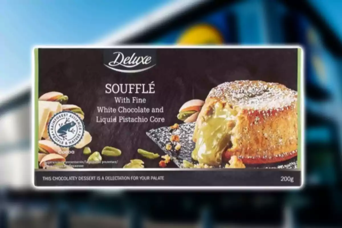 Caixa de soufflé Deluxe de xocolata blanca amb centre líquid de festuc decorat amb sucre glaç i envoltat de festucs i trossos de xocolata blanca Caixa de soufflé Deluxe de xocolata blanca amb centre líquid de festuc decorat amb sucre glaç i envoltat de festucs i trossos de xocolata blanca