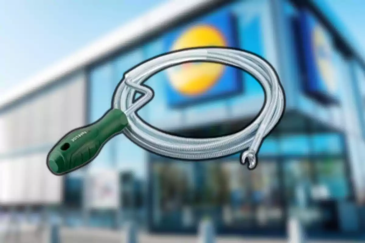 Davant d’un edifici modern amb un rètol borros, es mostra una eina de lampisteria amb mànec verd i cable metàl·lic en primer pla.