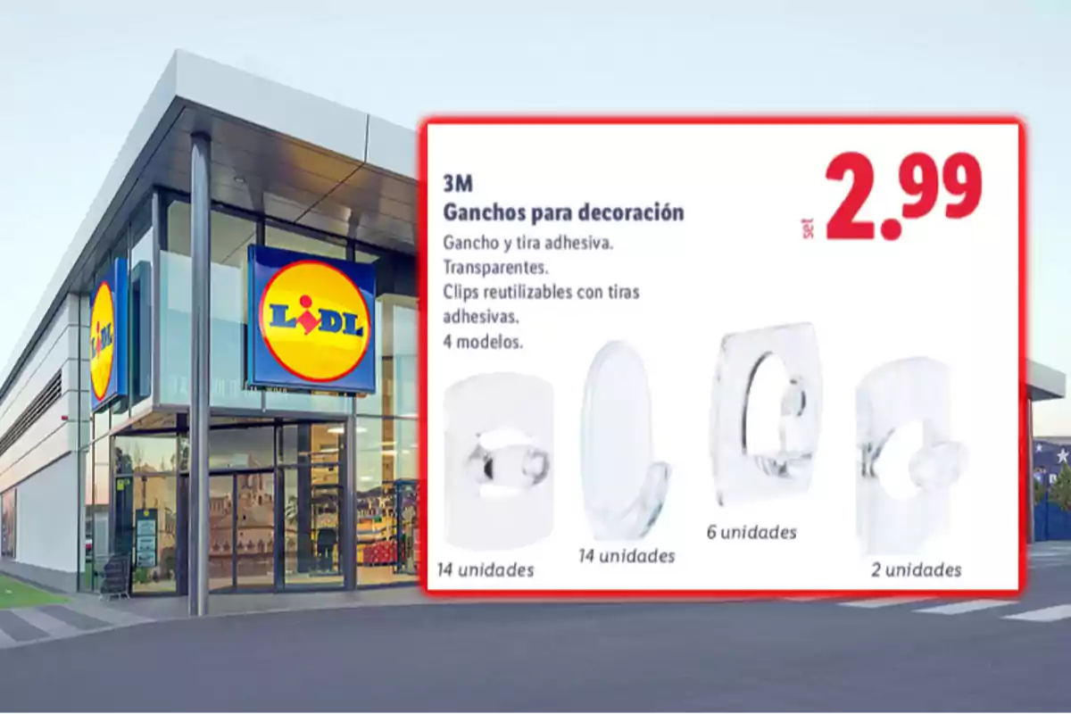 Façana d’una botiga Lidl amb un anunci de ganxos adhesius transparents de la marca 3M en diferents presentacions i preu de 2,99 euros