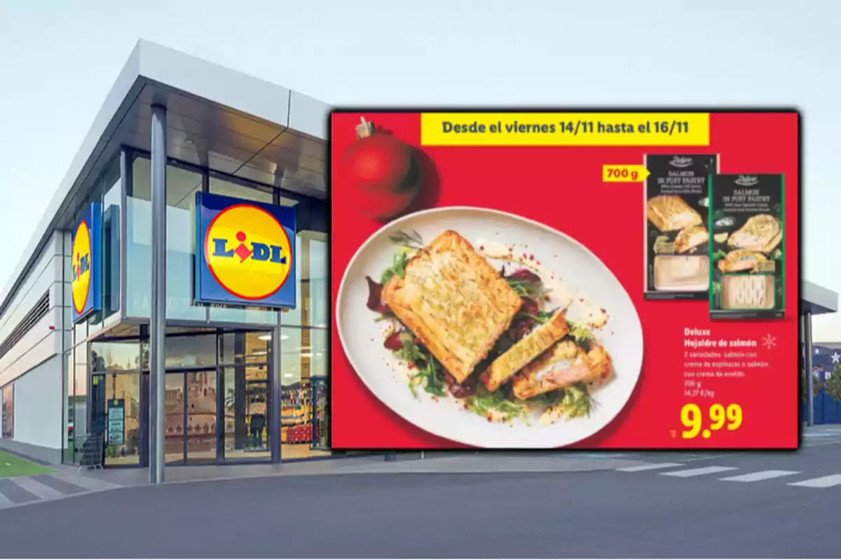 Façana de supermercat Lidl amb un cartell promocional de pasta de full de salmó a 9,99 euros disponible per temps limitat