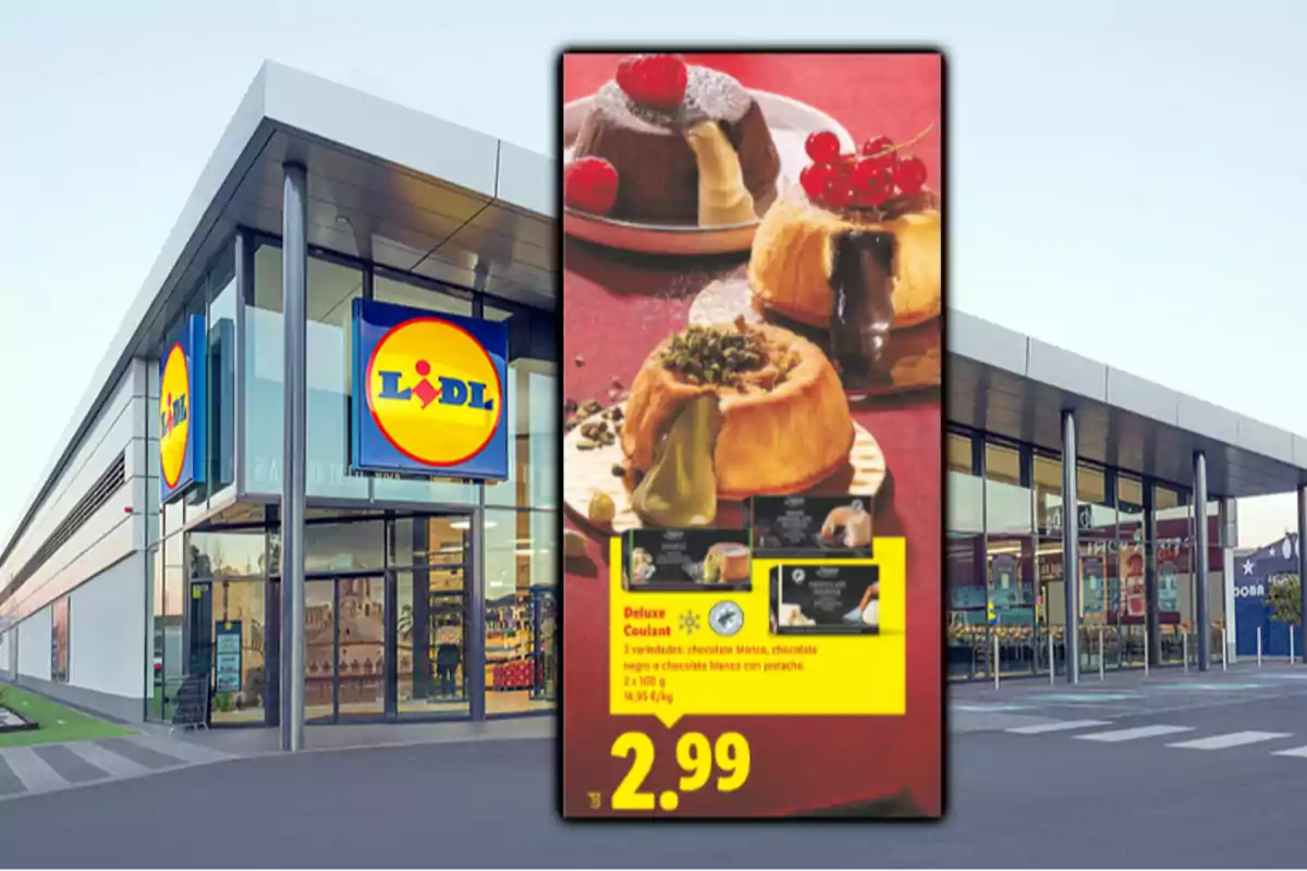 Façana de supermercat Lidl amb un cartell promocional de postres Deluxe Coulant en diferents sabors i preu destacat Façana de supermercat Lidl amb un cartell promocional de postres Deluxe Coulant en diferents sabors i preu destacat