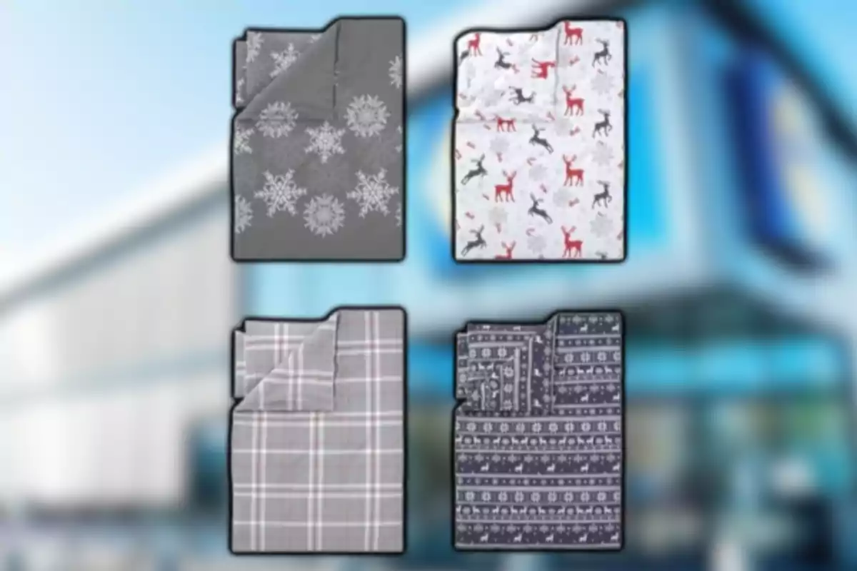 Quatre mantes plegades amb diferents dissenys d’hivern i nadalencs sobre un fons desenfocat.