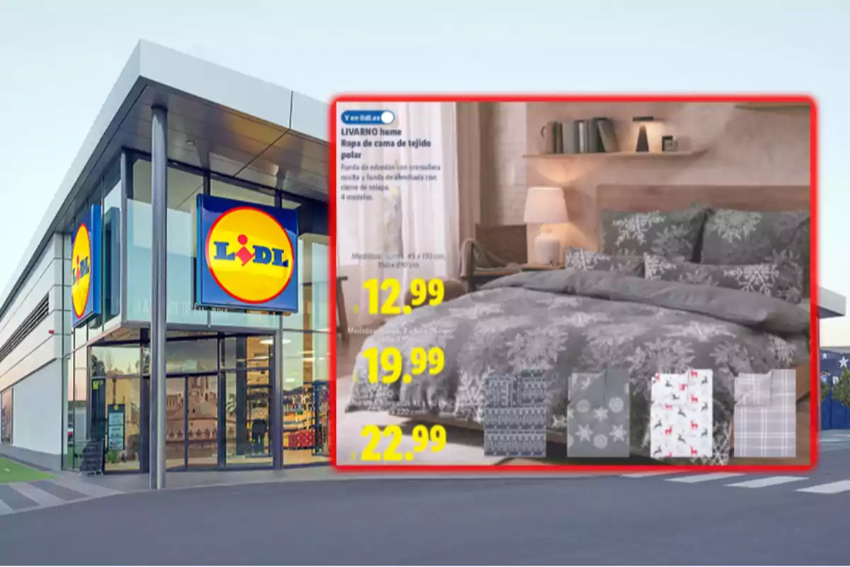 Façana d’una botiga Lidl amb un anunci de roba de llit de teixit polar en diferents models i preus destacats en groc