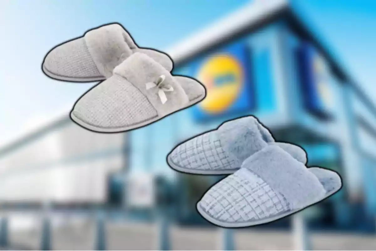 Dos pares de pantuflas de invierno, una gris claro con lazo decorativo y otra azul claro, sobre un fondo desenfocado de una tienda.