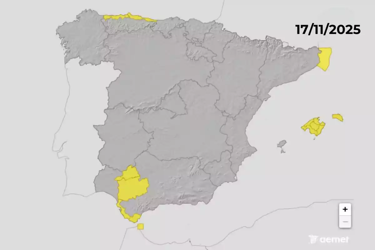 Mapa de España con varias zonas resaltadas en amarillo que indican alertas meteorológicas para el 17 de noviembre de 2025.