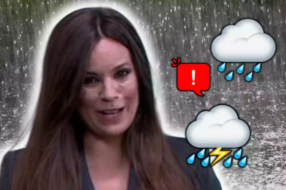 Montaje de fotos de Mercedes Martín frente a un fondo de lluvia intensa con íconos de nubes, gotas de agua, relámpago y un cuadro de advertencia rojo.