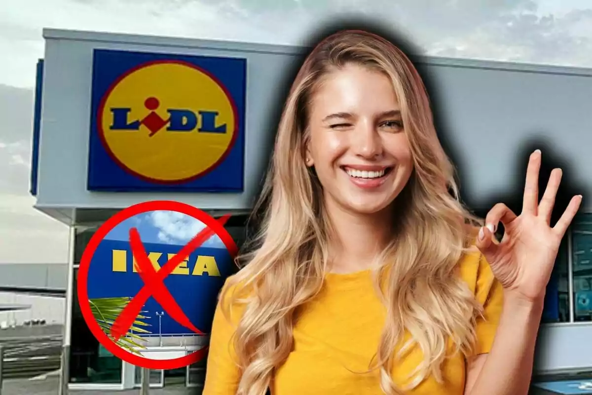 Dona somrient fent el gest d'ok davant d'una botiga Lidl amb un símbol de prohibit sobre el logotip d'IKEA. Dona somrient fent el gest d'ok davant d'una botiga Lidl amb un símbol de prohibit sobre el logotip d'IKEA.