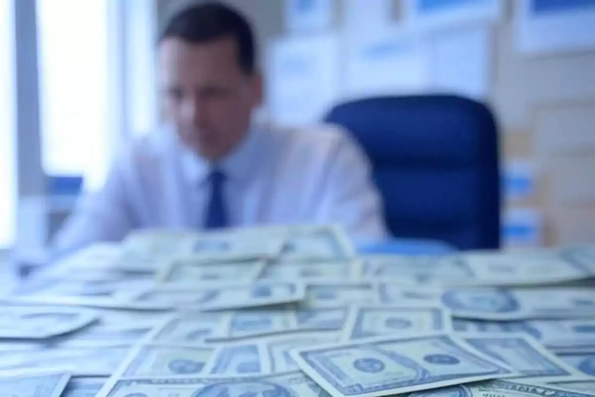 Out-of-focus man sitting in an office with lots of dollar bills in the foreground Out-of-focus man sitting in an office with lots of dollar bills in the foreground