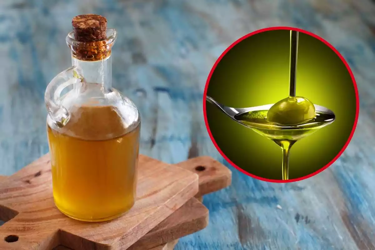 Ampolla d´oli d´oliva amb una foto destacada a la dreta d´una cullera amb una oliva i oli d´oliva