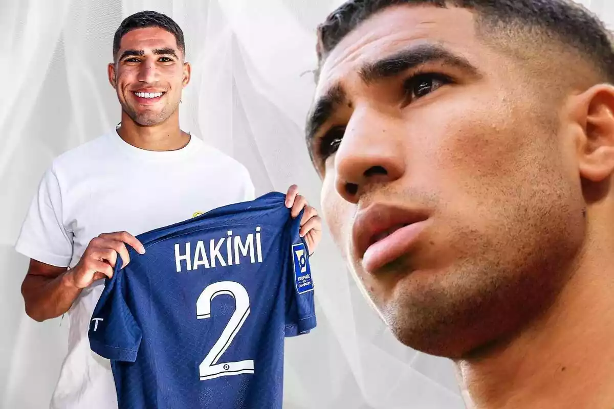 Achraf Hakimi posant amb una samarreta del PSG