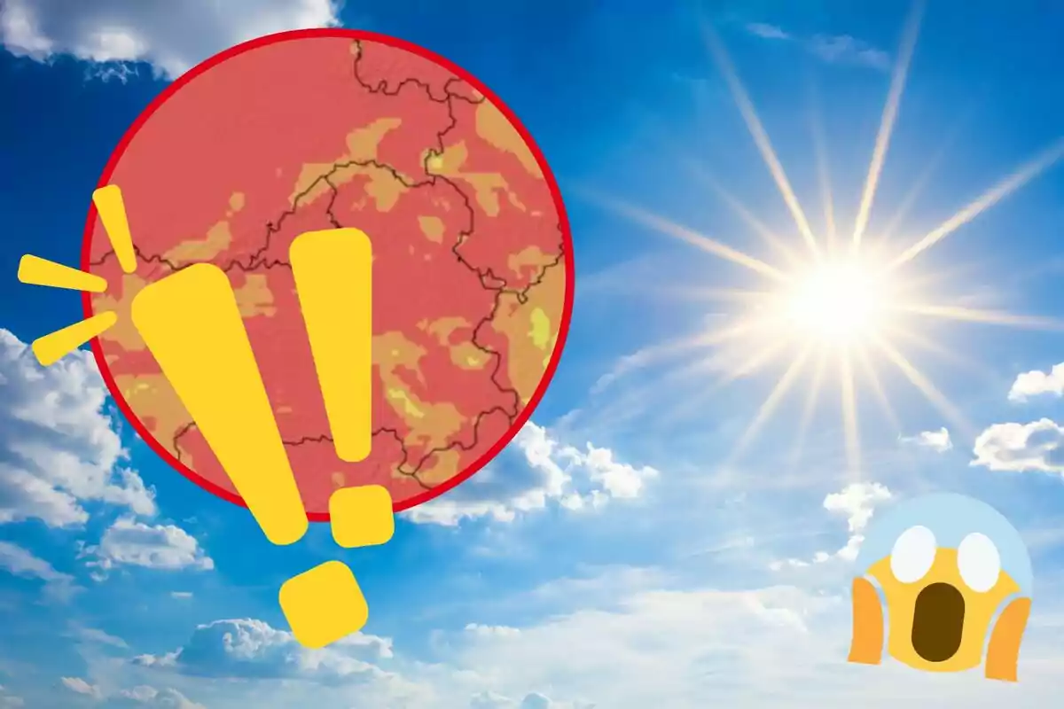 Mapa de calor amb un sol brillant i emojis d'advertència i sorpresa.