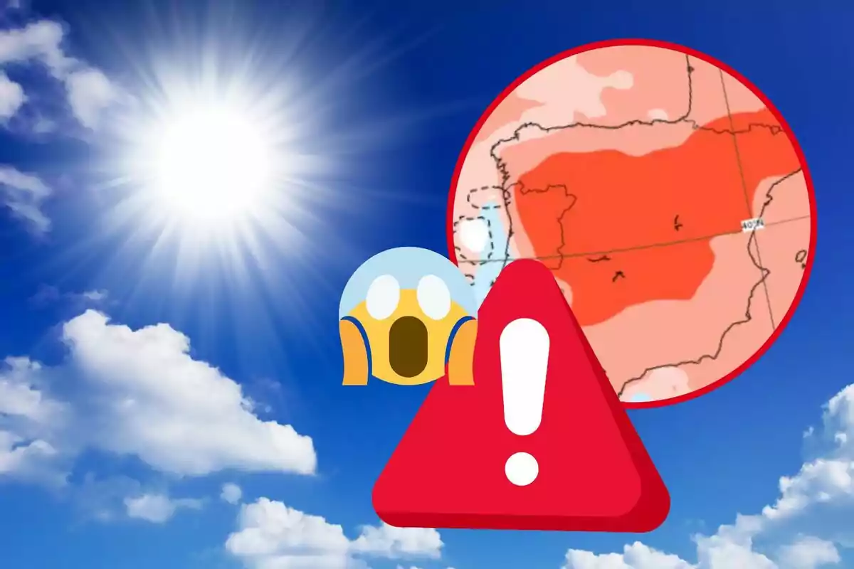 Imatge que mostra un sol brillant en un cel blau amb alguns núvols, un mapa d'Espanya amb àrees en vermell indicant temperatures altes, un emoji de sorpresa i una icona d'advertència.