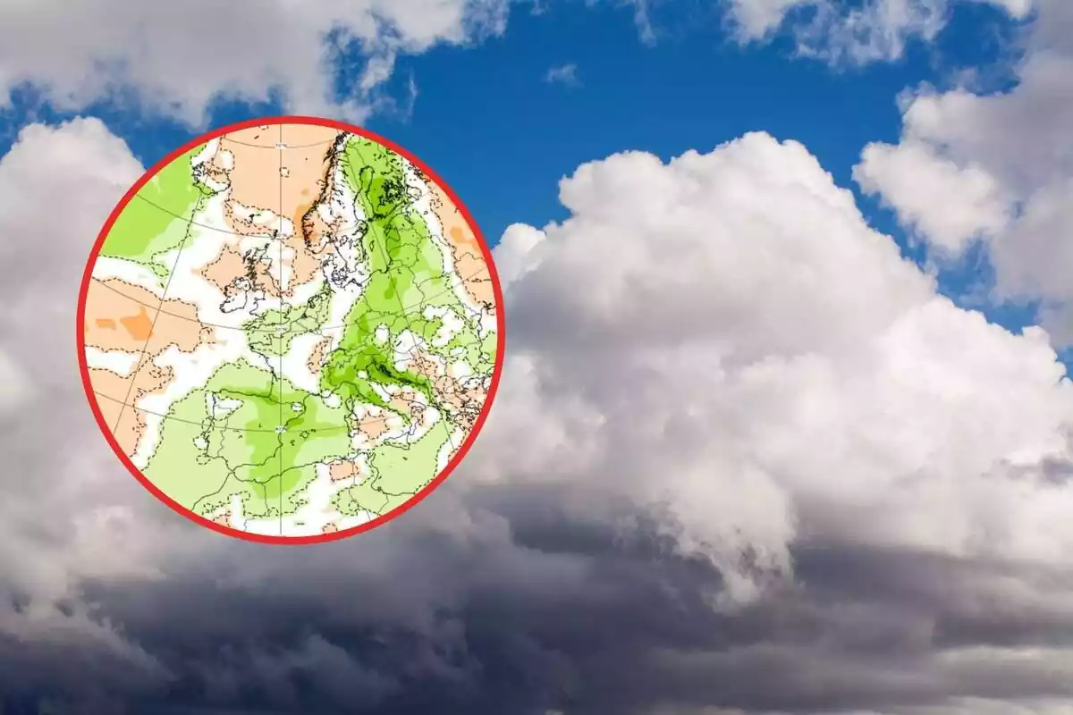 Muntatge d´un fons cel ennuvolat i una rodona amb un mapa meteorològic d´Espanya