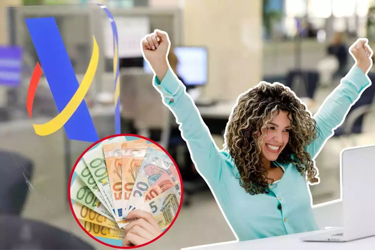 Muntatge amb una imatge de fons de l'Agència Tributària i una altra d'una noia que celebra amb un ordinador i una altra imatge de diversos bitllets d'euro