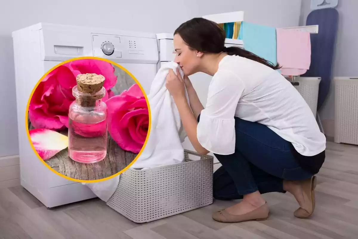 Muntatge amb dona olorant roba neta treta de la rentadora i cercle groc amb pot de vidre d'aigua de roses