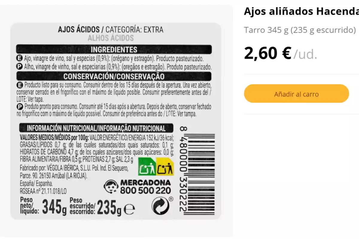 Etiqueta posterior d’un pot d’alls amanits Hacendado on es mostren els ingredients, informació de conservació, valors nutricionals, pes net i escorregut, dades del fabricant i un codi de barres Etiqueta posterior d’un pot d’alls amanits Hacendado on es mostren els ingredients, informació de conservació, valors nutricionals, pes net i escorregut, dades del fabricant i un codi de barres