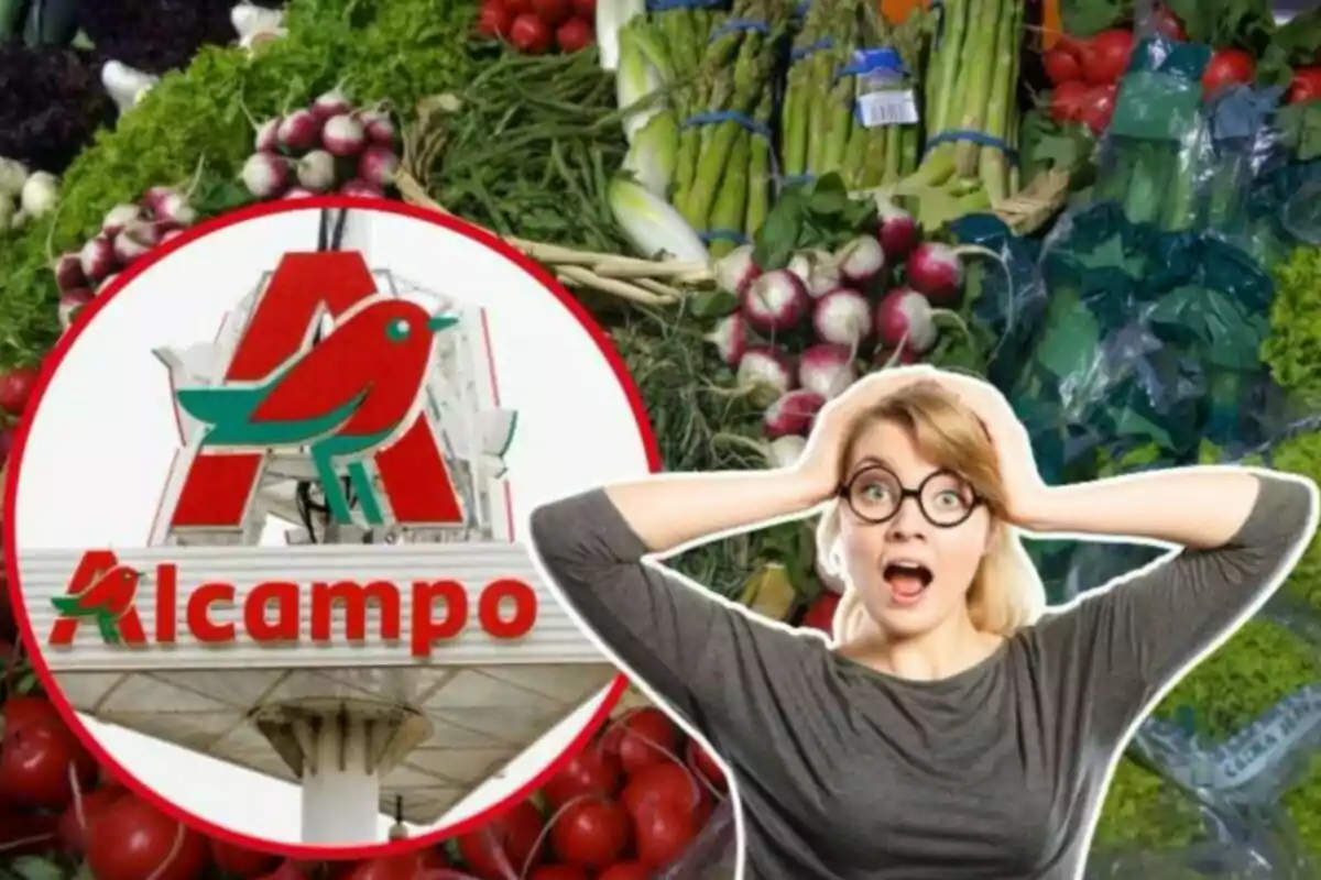 Imatge de fons d´unes verdures en un supermercat, al costat d´una altra imatge d´un logo d´Alcampo, i una tercera imatge d´una dona sorpresa