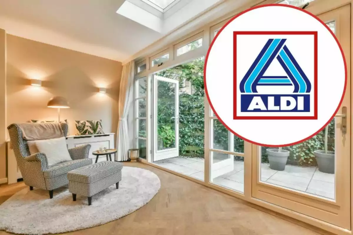 Modern living room with armchair and ottoman in front of open glass doors to a garden, with the Aldi logo superimposed in the top right corner.