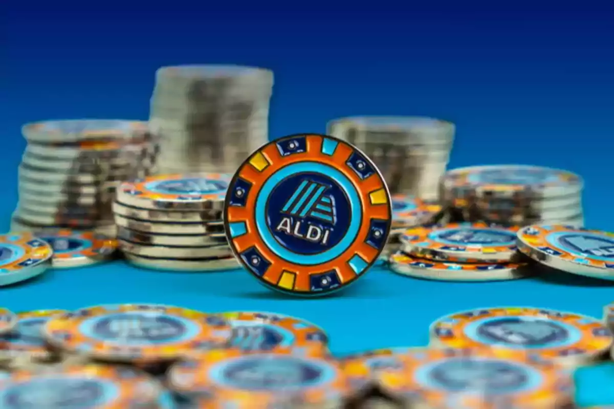 A stack of casino chips with a colorful design and the Aldi logo in the center. A stack of casino chips with a colorful design and the Aldi logo in the center.