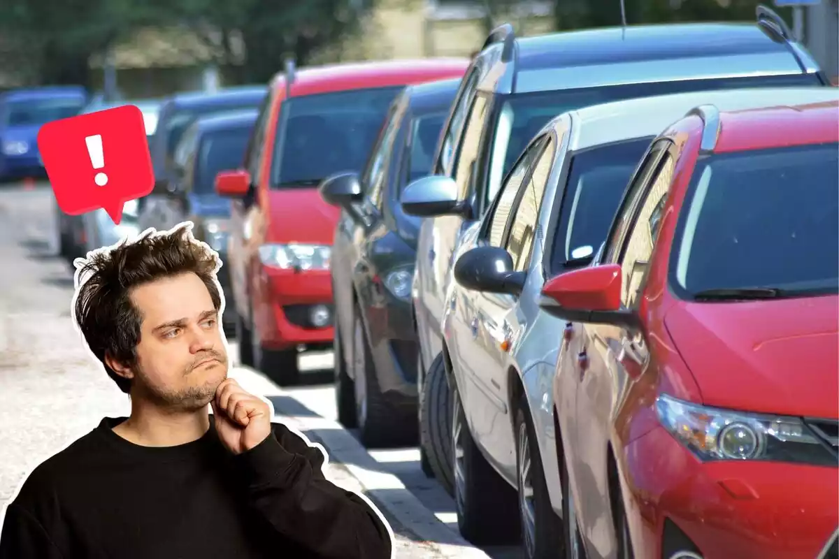 Imatge de fons d?un carrer amb diversos cotxes aparcats i una altra imatge d?un home amb gest de dubtes i una exclamació al cap