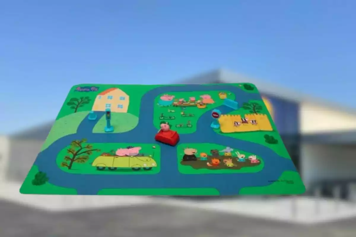 Un tapete de juego infantil con un diseño de personajes y caminos sobre un fondo azul y verde.