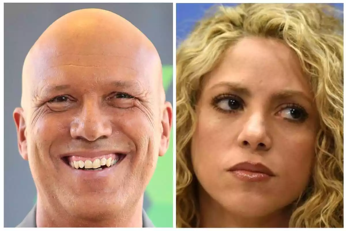 Fotomuntatge d'Alfons Arús somrient (esquerra) y Shakira seria (dreta)