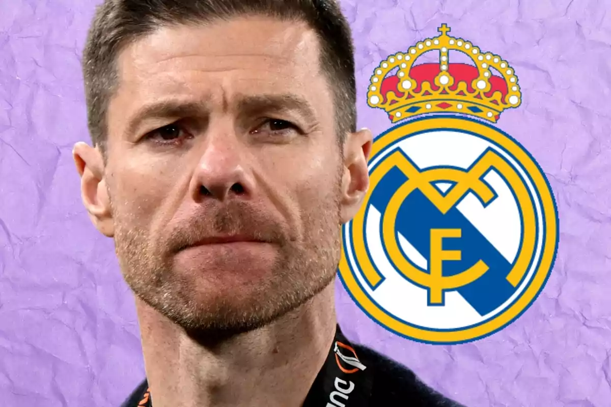 A man with a beard and short hair appears in the foreground, with the Real Madrid shield in the background on a purple background. A man with a beard and short hair appears in the foreground, with the Real Madrid shield in the background on a purple background.