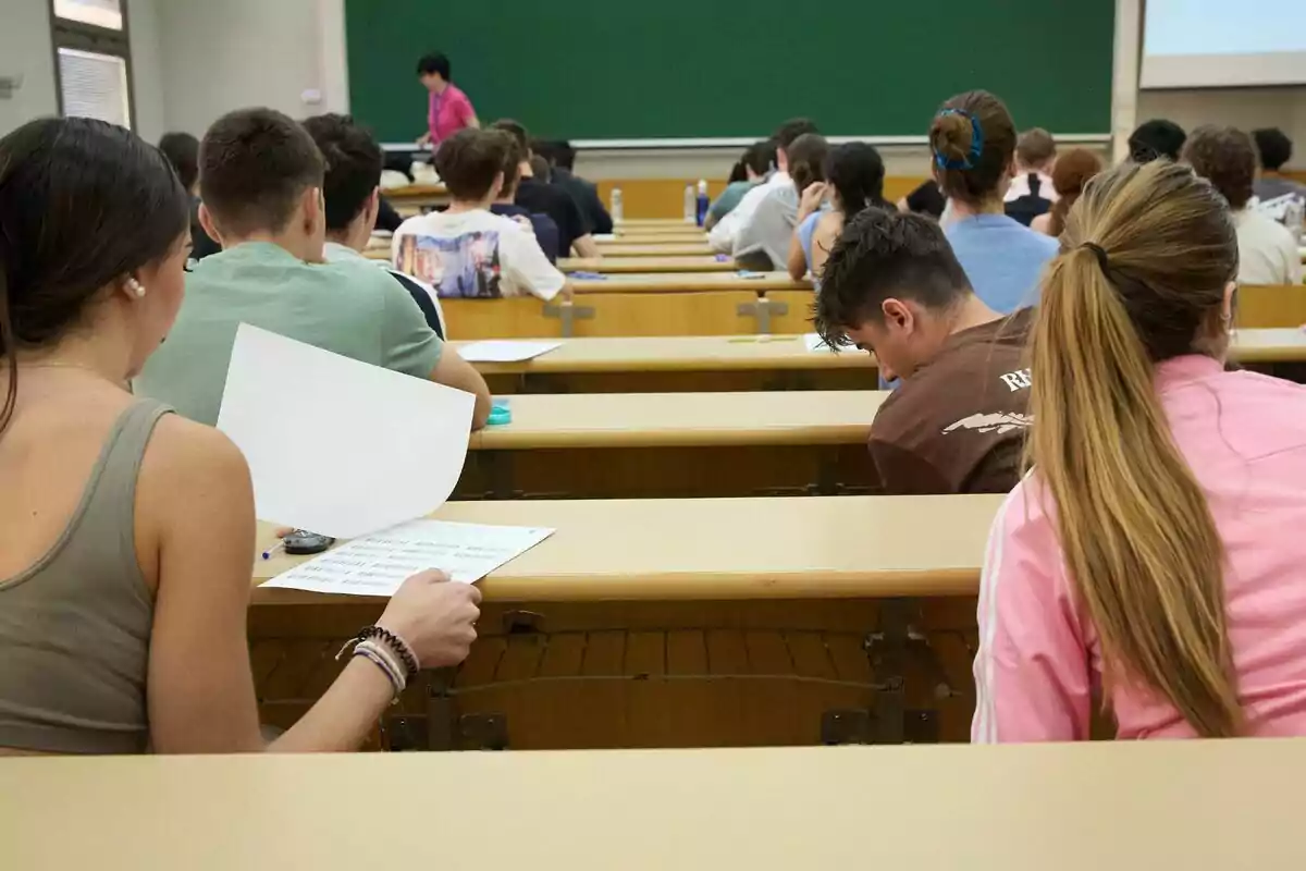 Alumnes en una aula al començament d'un examen, el primer dia de l'Avaluació d'Accés a la Universitat (EvAU), a la Politècnica de la Universitat d'Alcalá de Henares, 3 de juny de 2024, a Alcalá de Henares, Madrid ( Espanya)