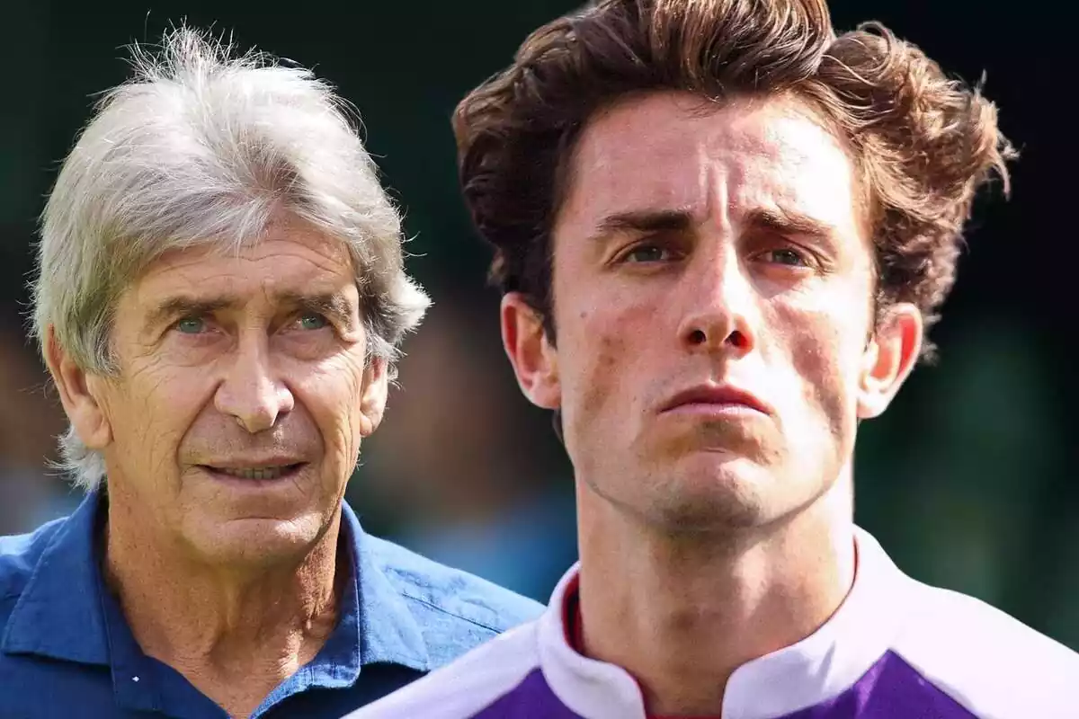 Álvaro Odriozola amb una expressió seriosa al costat de Manuel Pellegrini mirant cap amunt