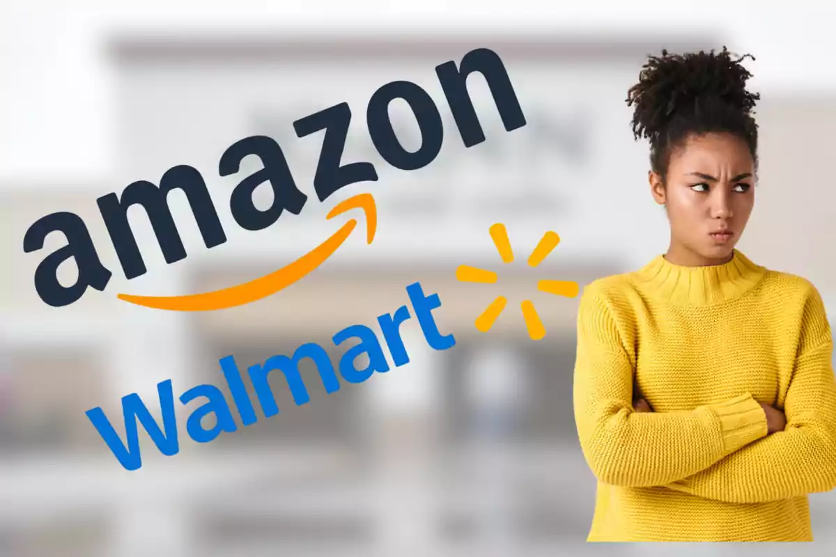 A person in a yellow sweater side-eyeing the Amazon and Walmart logos.