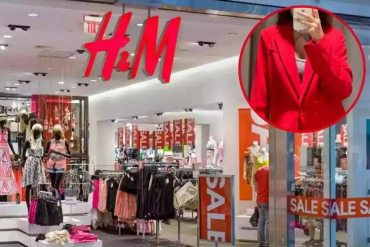 Muntatge amb botiga de H&M i cercle vermell amb noia amb americana vermella de H&M