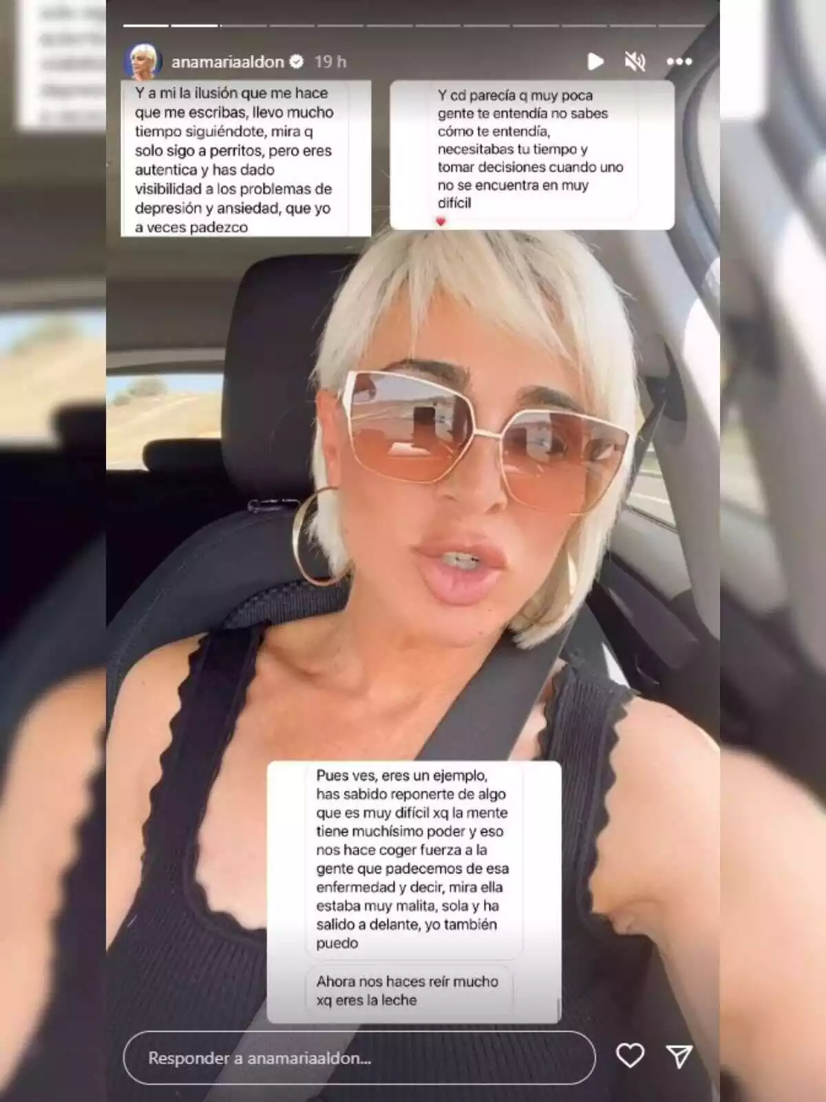 Storie d'Ana María Aldón a Instagram al cotxe responent als seus seguidors el 19 de juliol de 2023