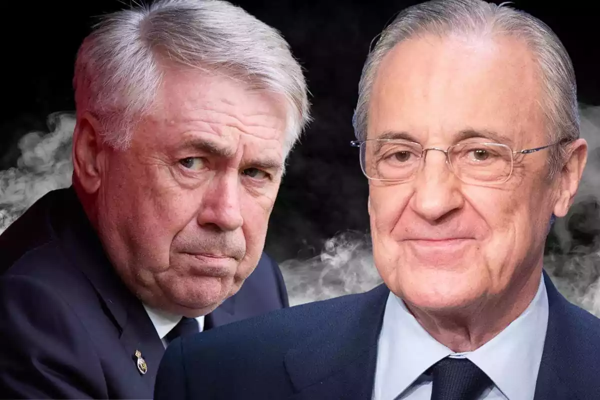 Florentino Pérez i Carlo Ancelotti en primer pla amb fum blanc de fons Florentino Pérez i Carlo Ancelotti en primer pla amb fum blanc de fons