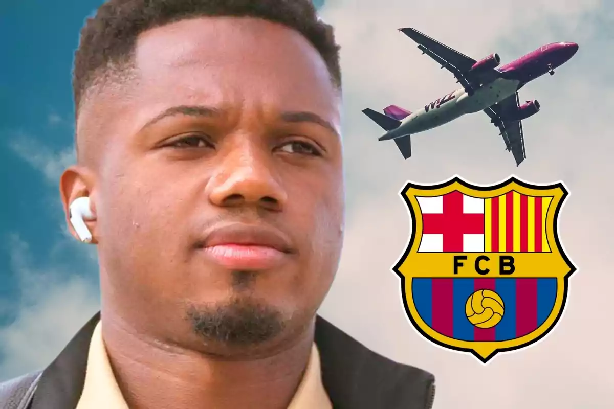 A man with headphones appears in the foreground, behind him there is a plane in the sky and the FC Barcelona crest. A man with headphones appears in the foreground, behind him there is a plane in the sky and the FC Barcelona crest.