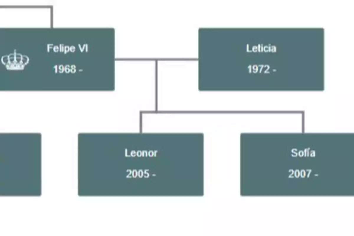 Diagrama d'un arbre genealògic que mostra Felip VI, Letícia, Leonor i Sofia amb els seus anys de naixement. Diagrama d'un arbre genealògic que mostra Felip VI, Letícia, Leonor i Sofia amb els seus anys de naixement.