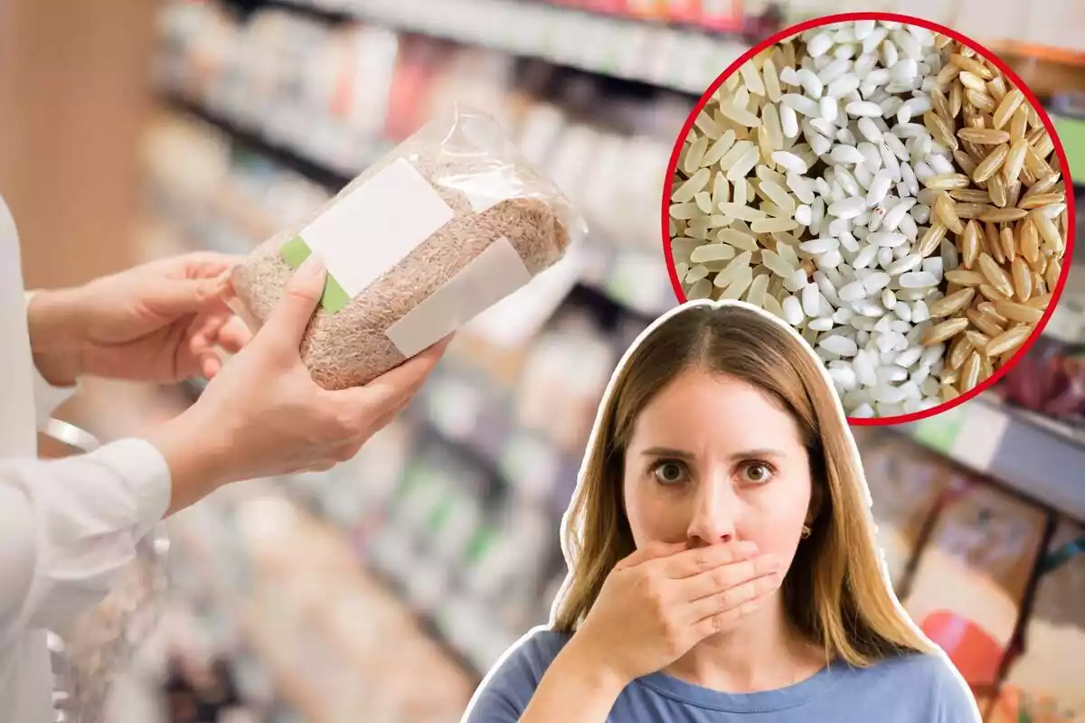 Imatge de fons d'una persona mirant un paquet d'arròs al supermercat amb dues imatges més, una de diversos tipus de grans d'arròs i una altra d'una dona amb gest de sorpresa