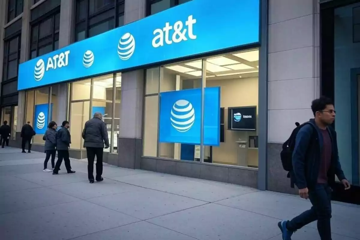 AT&T store facade with people walking on the sidewalk. AT&T store facade with people walking on the sidewalk.