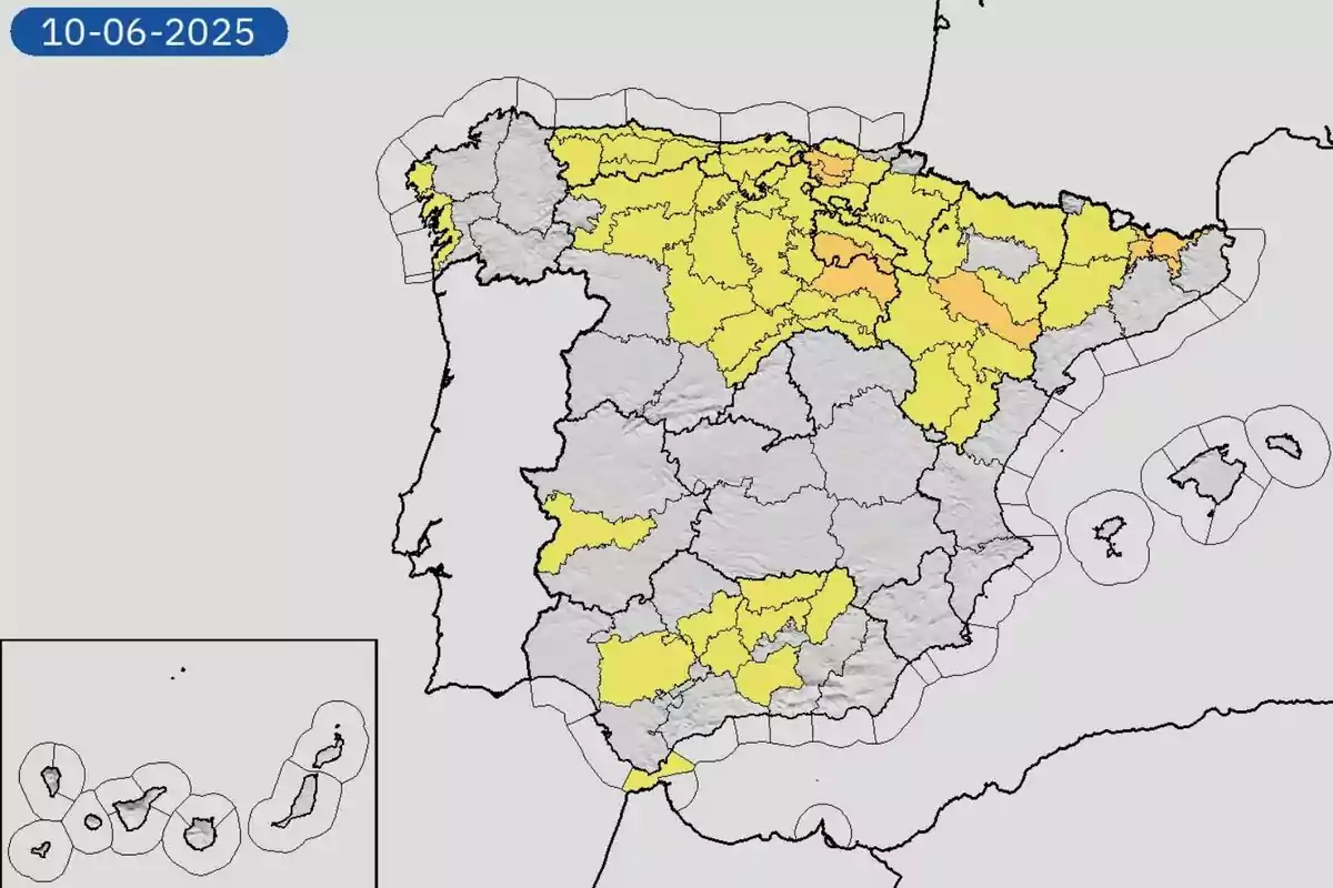 Mapa d’Espanya amb diverses províncies ressaltades en groc i algunes en taronja corresponent al 10 de juny de 2025 Mapa d’Espanya amb diverses províncies ressaltades en groc i algunes en taronja corresponent al 10 de juny de 2025