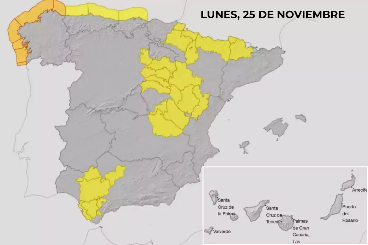 Mapa de España con alertas meteorológicas en varias regiones para el lunes 25 de noviembre, destacando áreas en amarillo y naranja.