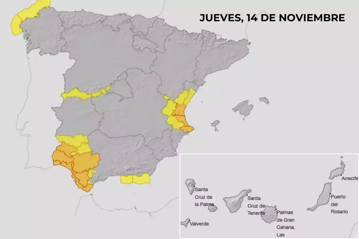 Mapa de España con alertas meteorológicas en diferentes regiones para el jueves 14 de noviembre, destacando áreas en amarillo y naranja.