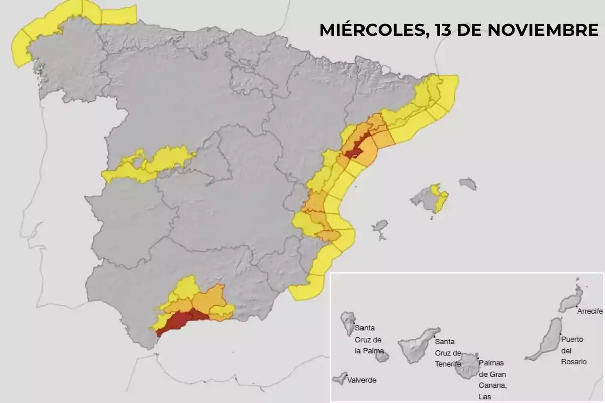 Mapa de España con alertas meteorológicas en diferentes colores para el miércoles 13 de noviembre, destacando zonas en amarillo, naranja y rojo.