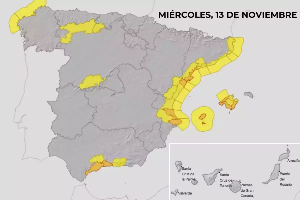 Mapa de España con áreas en alerta meteorológica amarilla y naranja para el miércoles 13 de noviembre.