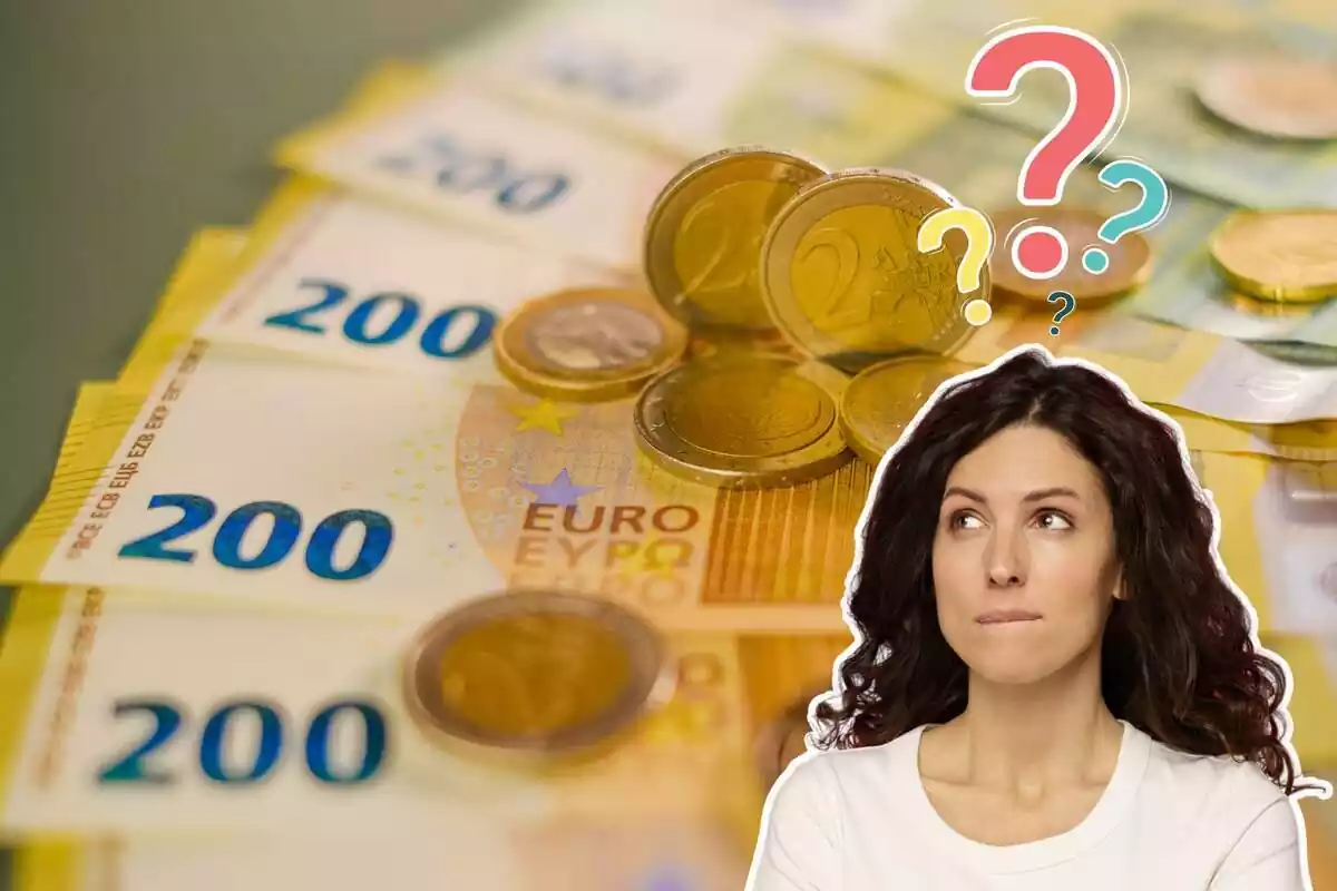 Imatge de fons de diversos bitllets de 200 euros i una altra imatge d'una dona amb gest pensatiu i amb alguns interrogants de colors sobre el cap
