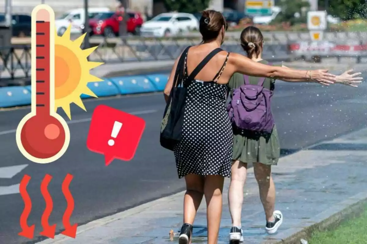 Dues persones caminant pel carrer en un dia calorós, amb un termòmetre i un símbol d'advertència de calor a la imatge. Dues persones caminant pel carrer en un dia calorós, amb un termòmetre i un símbol d'advertència de calor a la imatge.