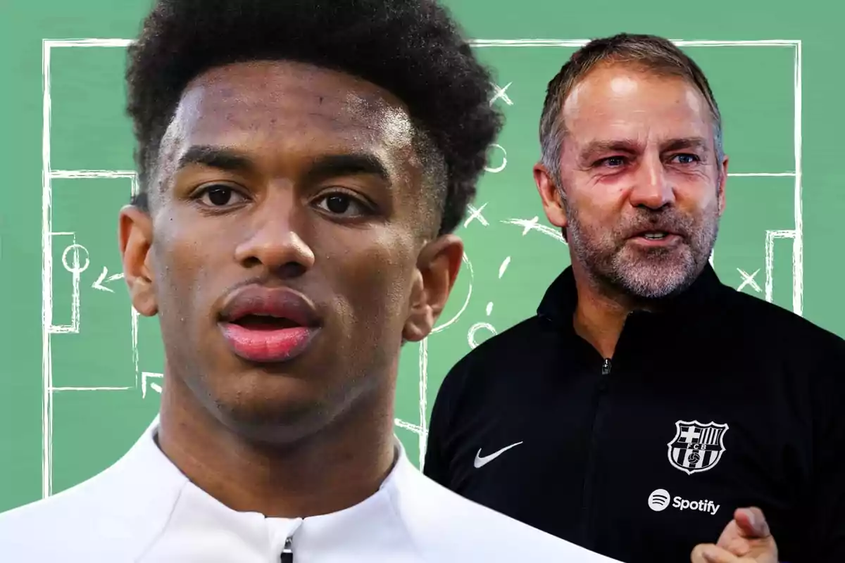 Un jove futbolista i un entrenador estan davant d?un fons de pissarra tàctica de futbol. Un jove futbolista i un entrenador estan davant d?un fons de pissarra tàctica de futbol.