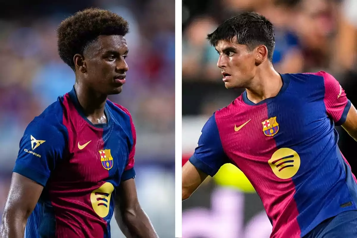 Two Barcelona players in blue and red uniforms during a match
