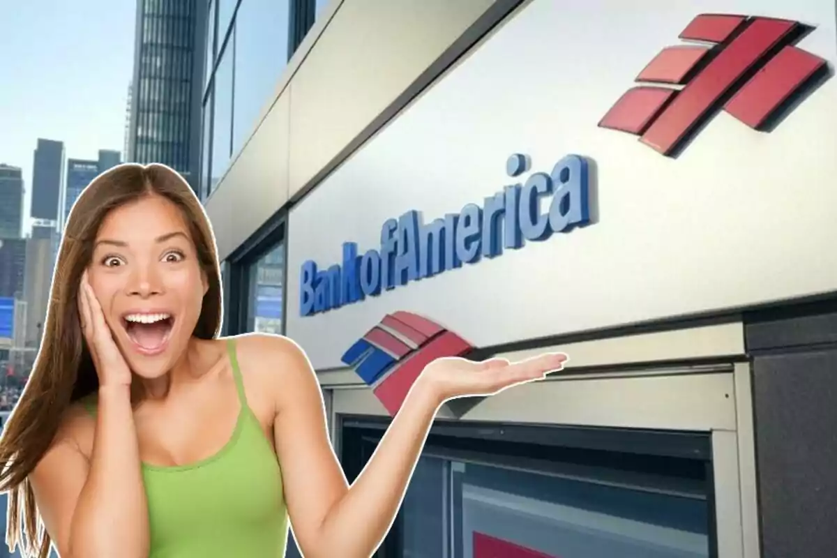 Una mujer con expresión de sorpresa y emoción está frente a un edificio con el logo de un banco. Una mujer con expresión de sorpresa y emoción está frente a un edificio con el logo de un banco.