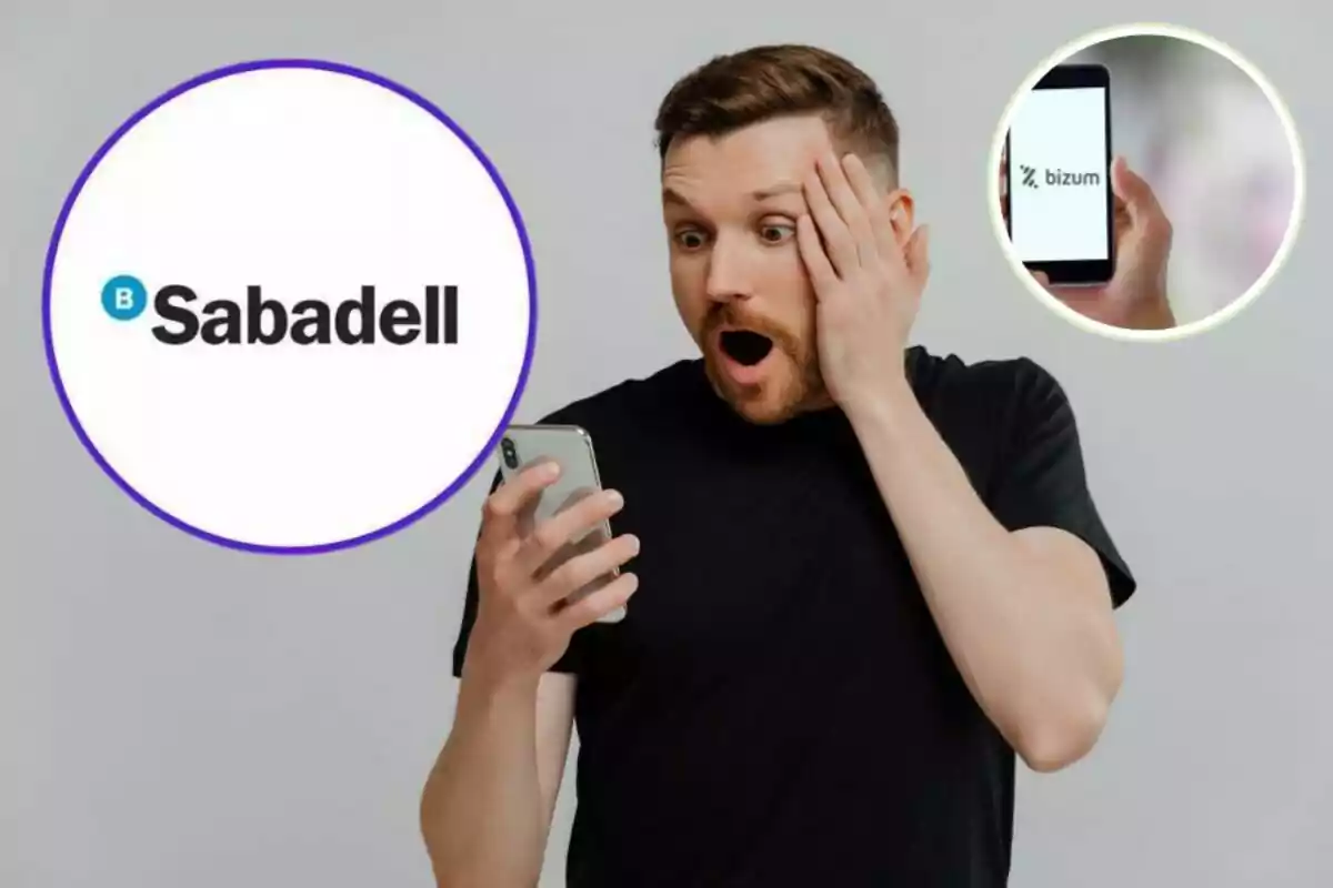 Home sorprès mirant el telèfon mòbil amb els logotips de Sabadell i Bizum al fons.