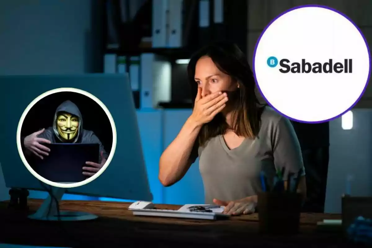 Una dona s'emporta la mà a la boca mentre mira un ordinador, amb un logotip de Sabadell i una imatge d'un hacker amb una màscara de Guy Fawkes a la pantalla.