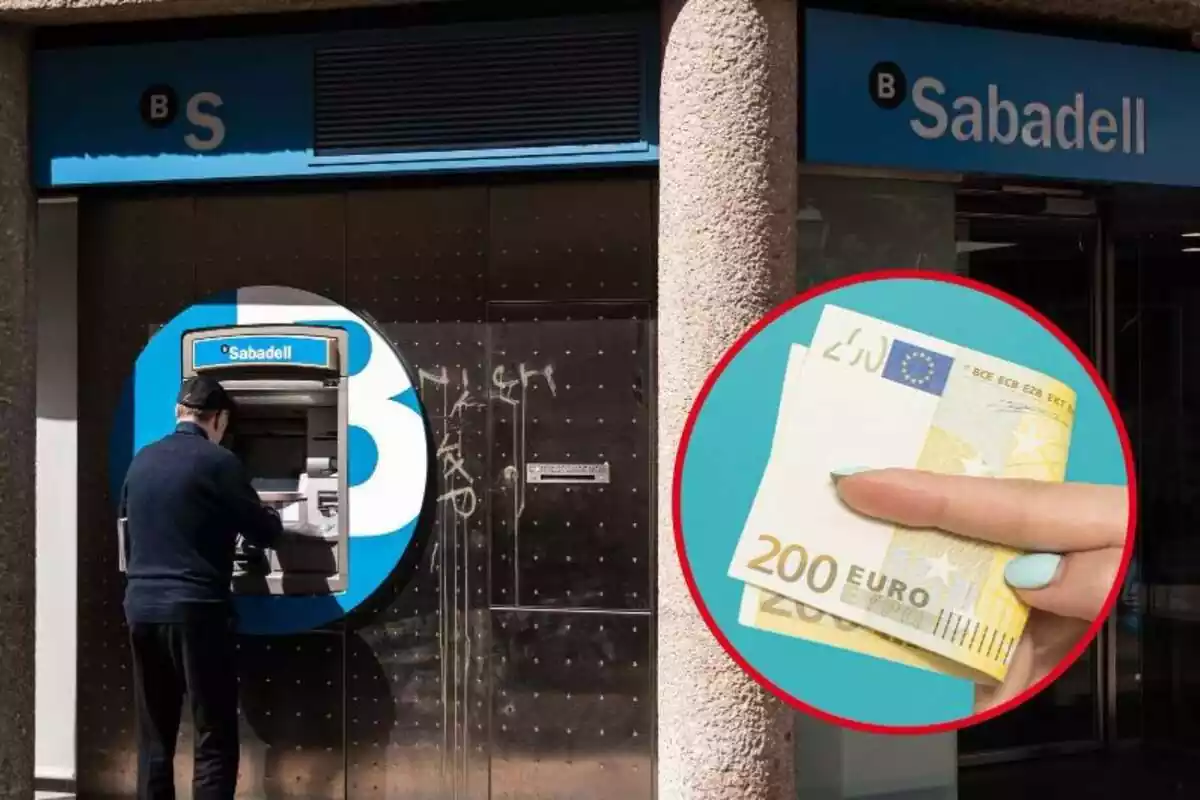 Imatge de fons d´un caixer del Banc Sabadell amb una persona fent una operació, i una altra imatge d´una mà amb diversos bitllets de 200 euros